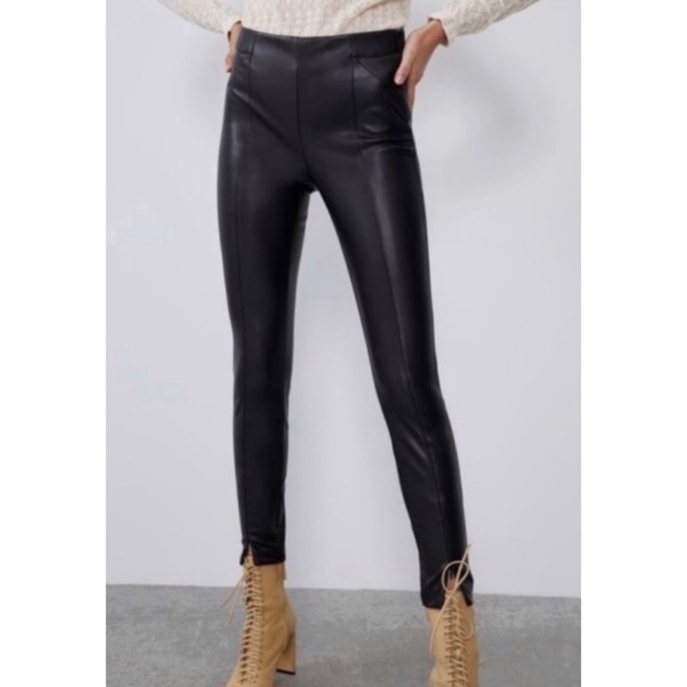 ZARA • Black Faux Leather High-Waisted Ankle Zip Leggings, S
